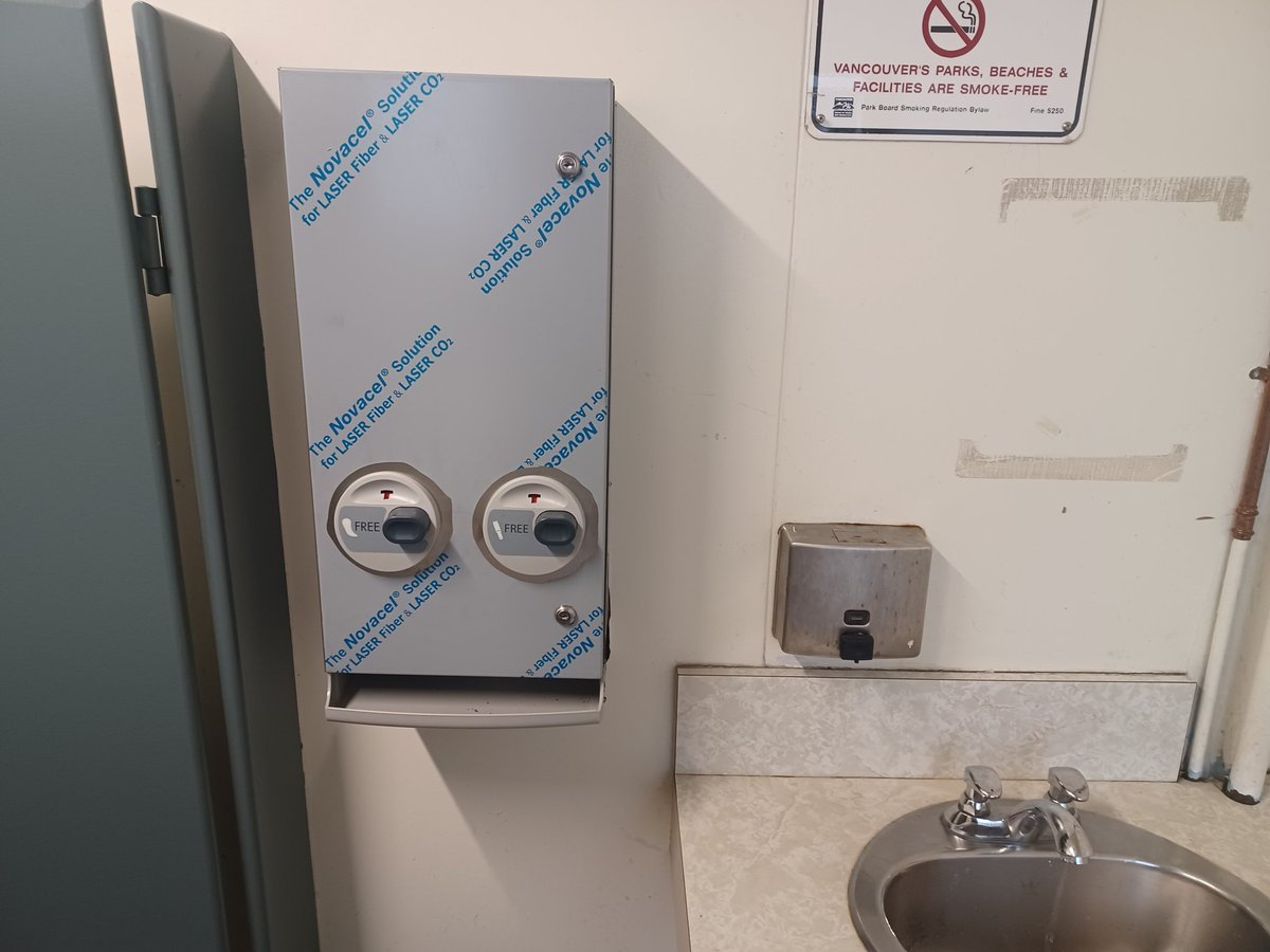 Few weeks ago #Vancouver <a href="/ParkBoard/">Vancouver Board of Parks and Recreation</a> installed free #menstrual product dispensers (pads &amp; tampons) in the Granville Park washrooms! Thank you! Good thing! Never mind that the dispensers look like Bart Simpson with a buzz cut. #WomensHealth