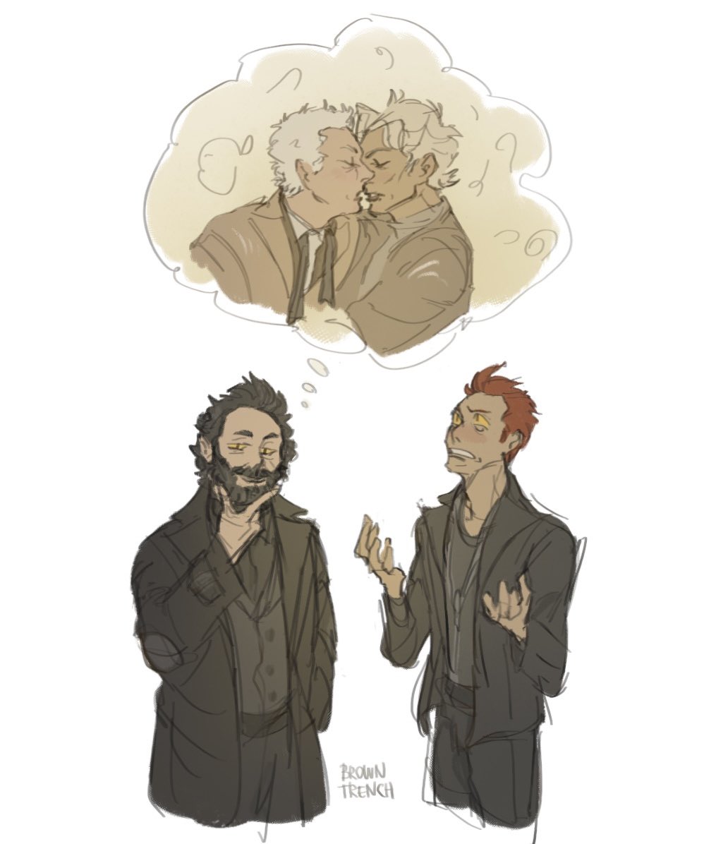 Allright guys, I couldn't just force two Aziraphales to kiss each other, so I blamed it all on Crowley (thanks Someone, we’ve got him) #GoodOmens #aziracrow