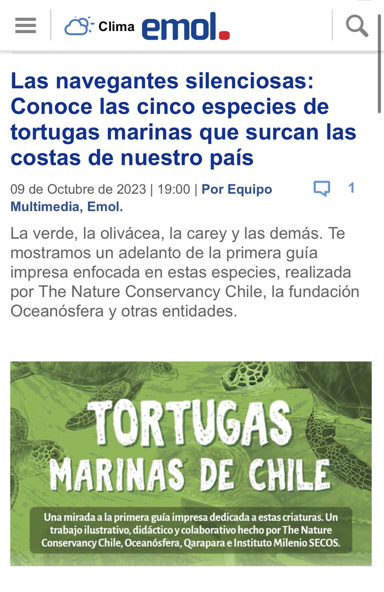 Instituto Milenio SECOS (@mileniosecos) on Twitter photo PRENSA🗞 Conoce las 5 especies de #tortugasmarinas que surcan las costas de 🇨🇱
Te invitamos a leer esta noticia de <a href="/Emol/">Emol.com</a> sobre la Guía de Tortugas marinas en Chile, elaborada por <a href="/OceanosferaCL/">Oceanósfera</a>, <a href="/TNC_Chile/">The Nature Conservancy Chile</a>, <a href="/ONGQarapara/">ONG QARAPARA Tortugas Marinas Chile</a>, y con el apoyo de SECOS. bitly.ws/WYNL PRENSA🗞 Conoce las 5 especies de #tortugasmarinas que surcan las costas de 🇨🇱
Te invitamos a leer esta noticia de <a href="/Emol/">Emol.com</a> sobre la Guía de Tortugas marinas en Chile, elaborada por <a href="/OceanosferaCL/">Oceanósfera</a>, <a href="/TNC_Chile/">The Nature Conservancy Chile</a>, <a href="/ONGQarapara/">ONG QARAPARA Tortugas Marinas Chile</a>, y con el apoyo de SECOS. bitly.ws/WYNL