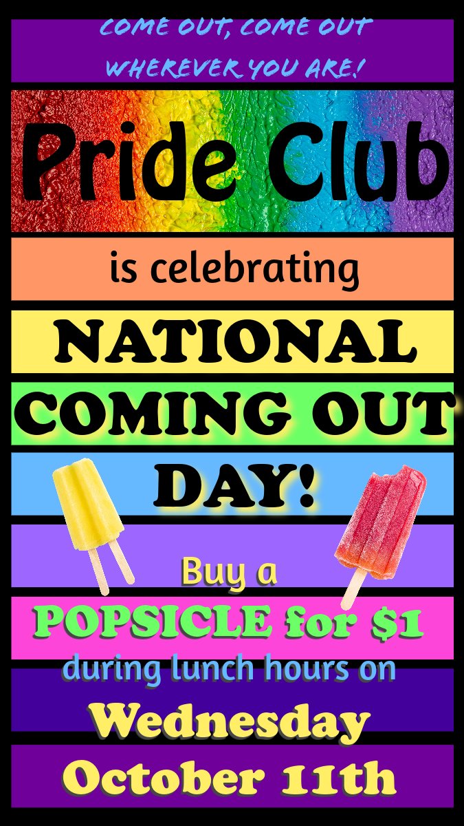 <a href="/WAPrideClub/">WAPrideClub</a> 🏳️‍🌈is celebrating National #comingoutday  👩‍❤️‍👩👨‍❤️‍👨by selling popsicles during all lunch hours <a href="/WestAuroraHS/">West Aurora High School</a> on Wednesday 10/11. <a href="/WAactivities/">WestAuroraActivities</a> <a href="/sd129/">West Aurora School District 129</a>  #LGBT #inclusion #RepresentationMatters #lovewins #loveislove #queer #comingout #LGBTQIA #rainbow 🌈👭👬