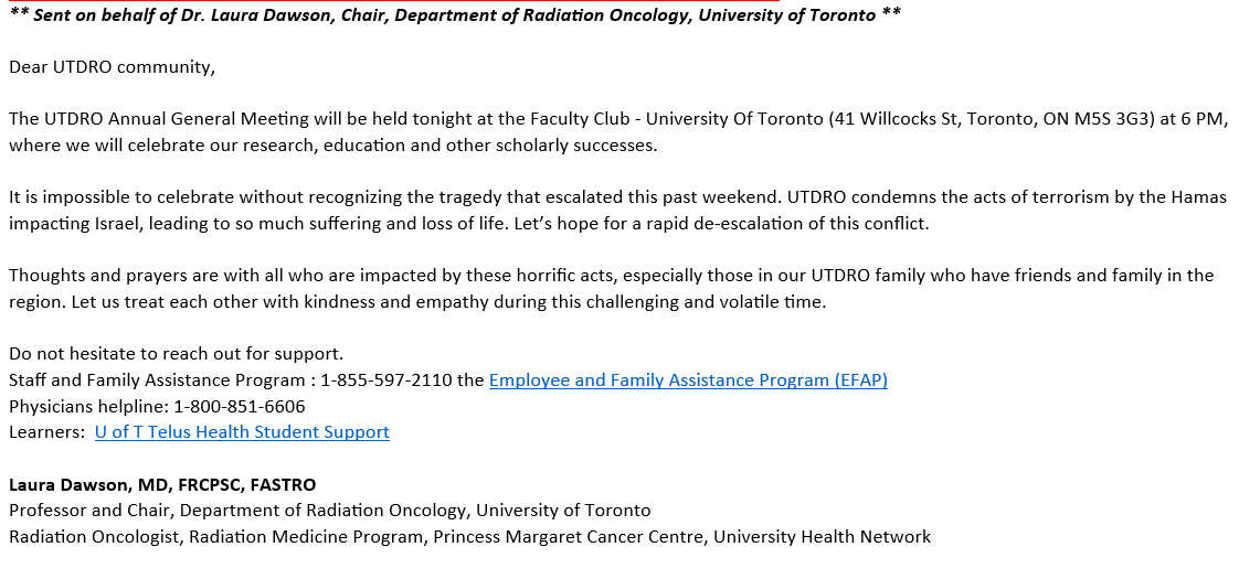 Thank you @ldawsonmd and @UofTDRO for the statement of support that clearly and plainly identifies this as a terrorist attack by Hamas; not sure why @uoftmedicine felt they had to 'both sides' it.