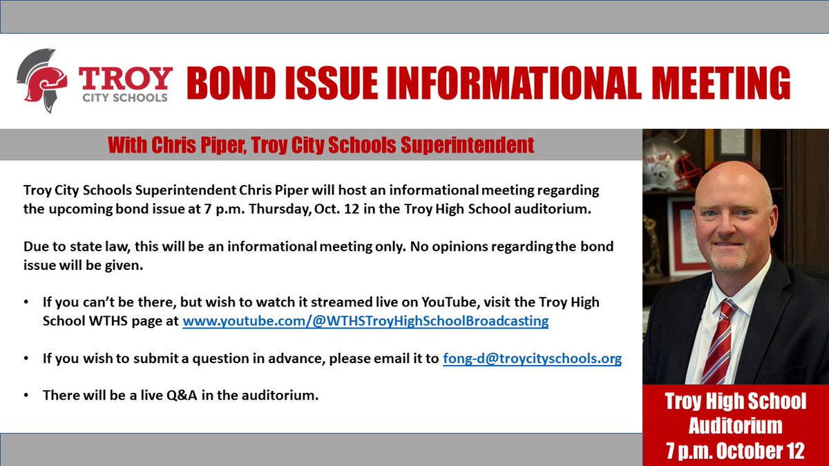 If you'd like to learn more about the bond issue to build new schools, there will be an informational meeting with Troy City Schools Superintendent Chris Piper @chrispiper_ohio 

This will be an informational meeting. No opinions regarding the levy will be presented.
