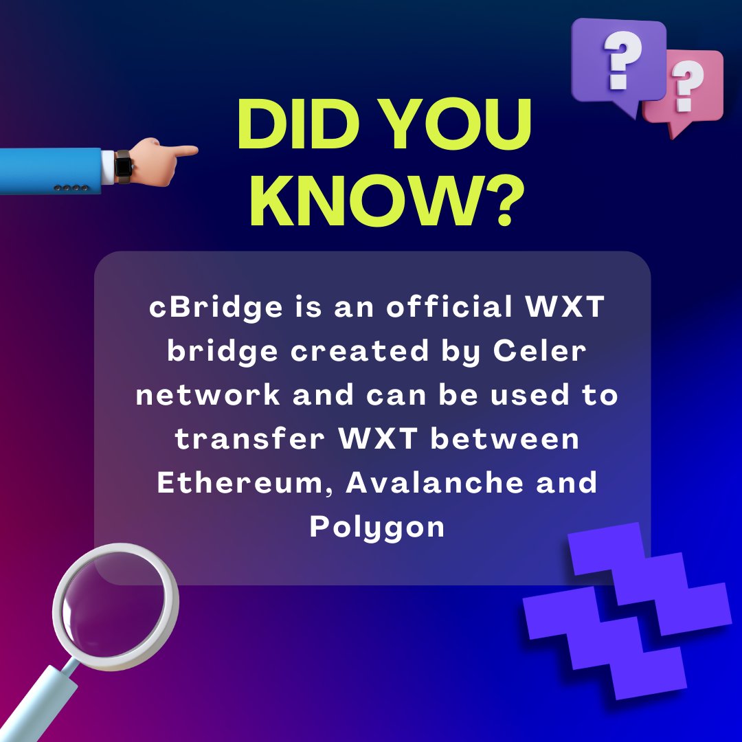 🎯🎯 If you would like to bridge your #WXT token you can use the @CelerNetwork bridge! 🌉 #AVALANCHE #Ethereum #PolygonCommunity #Polygon #bridge