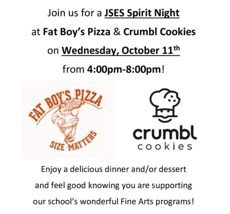 Attention @JSES_Stallions Families! ❤️🐴❤️ Join us tomorrow from 4:00-8:00pm for #SpiritNight at Fat Boy's Pizza and Crumbl Cookies! 🍕🍪🍕🍪 Proceeds benefit our #FineArts programs! 🙂🎵 🎨