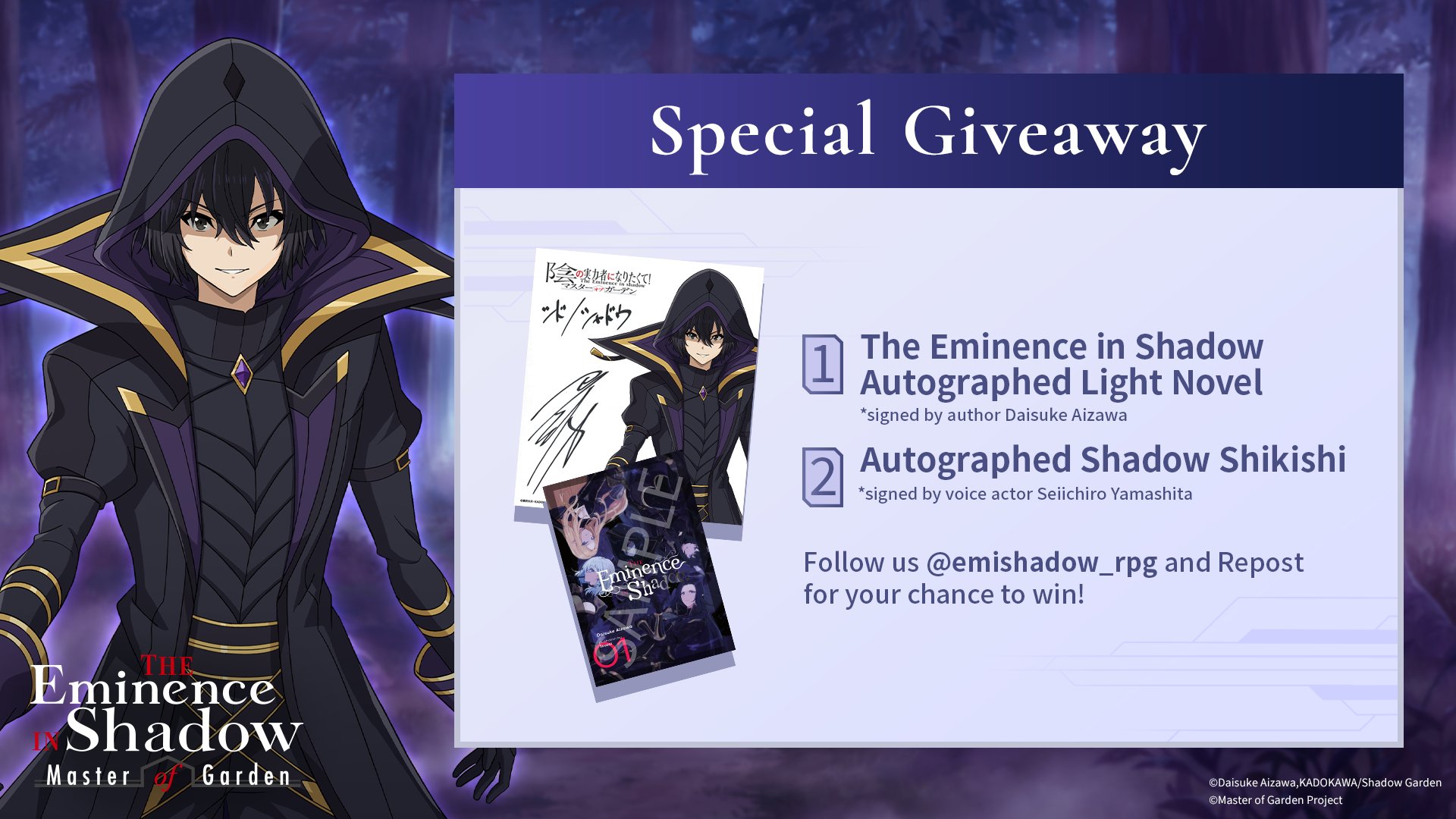 Crunchyroll Games - Any aspiring Shadow Garden members here? 🔥 We're  giving away an autograph from Cid's voice actor Seiichiro Yamashita to  celebrate the announcement of The Eminence in Shadow: Master of