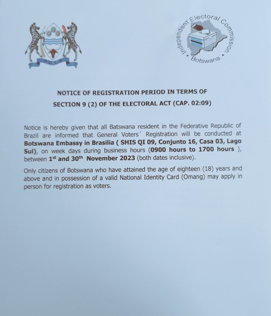 NOTICE!! General Voters Registration will be conducted at Botswana Embassy during business hours from 01 - 30 November 2023.