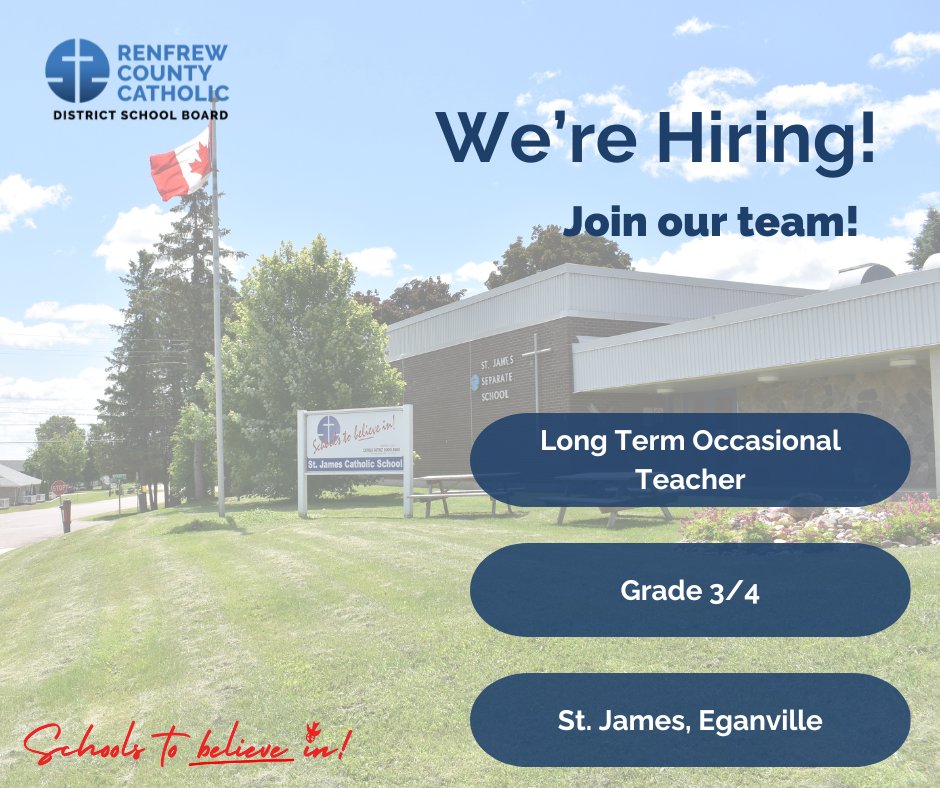 Join our team! ✨
The RCCDSB hiring a Long Term Occasional Teacher at St. James Catholic School in Eganville. 

🔗Please view the job posting here: brnw.ch/21wDogl