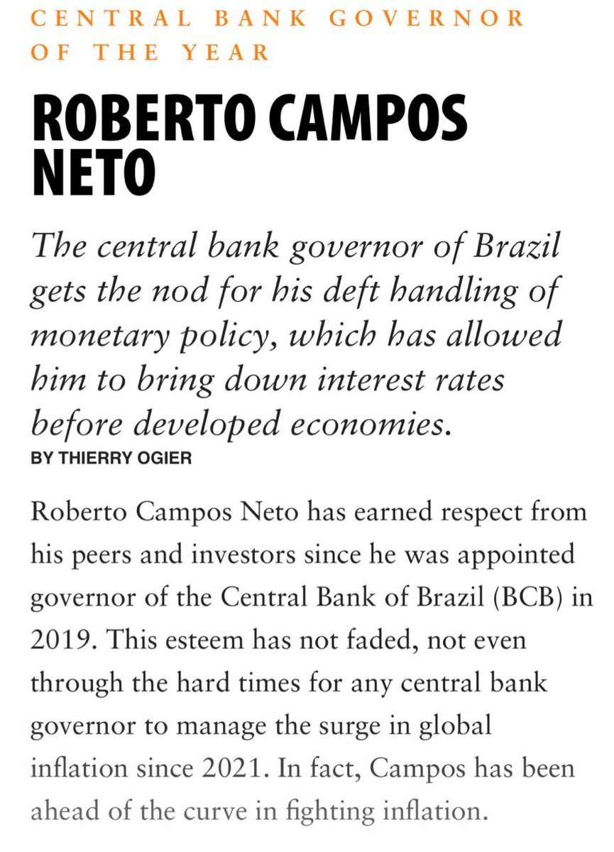 Mais uma premiação internacional para Roberto Campos Neto, como o melhor presidente de banco central da América Latina. O prêmio da revista LatinFinance reconhece sua forte atuação em busca da estabilidade financeira e crescimento econômico do país. Já é o terceiro prêmio