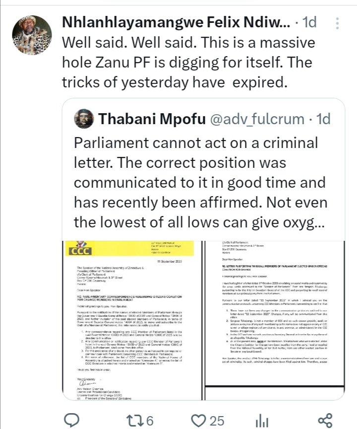 FelixNdiweni's tweet photo. So Good people.Zanu PF turns Parliament into The Wild,Wild West.Normality and protocols have been "Officially" chucked out the window. Zanu PF with just under One Million votes is trying steal 15 seats from CCC who got 11.5 million votes. ( this includes 6.5 million diaspora) https://t.co/lSCMxPmJ0M