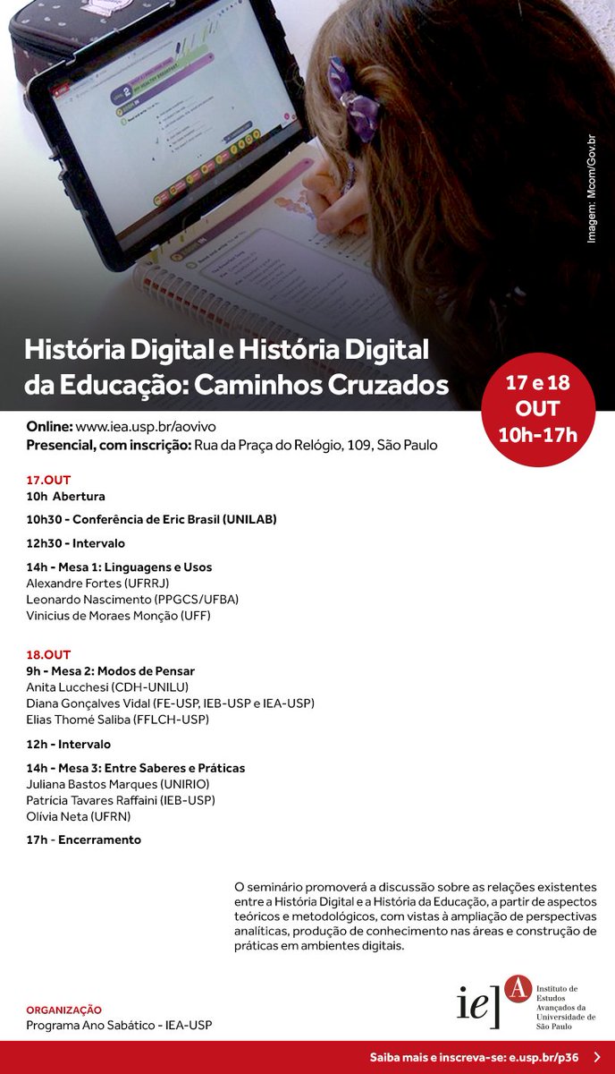 Olha que chique!

Semana que vem farei a conferência de abertura no Seminário História Digital e História da Educação na USP.

Divido o evento com colegas/referências!  Estou muito honrado pelo convite.

<a href="/leofn3/">Leonardo F. Nascimento - @leofn3.bsky.social</a> <a href="/alucchesi/">Anita Lucchesi</a> <a href="/alexfortes66/">Alexandre Fortes</a> <a href="/olivianeta/">Olivia Medeiros Neta</a> <a href="/ieausp/">IEA-USP</a> @Vinicius_Moncao