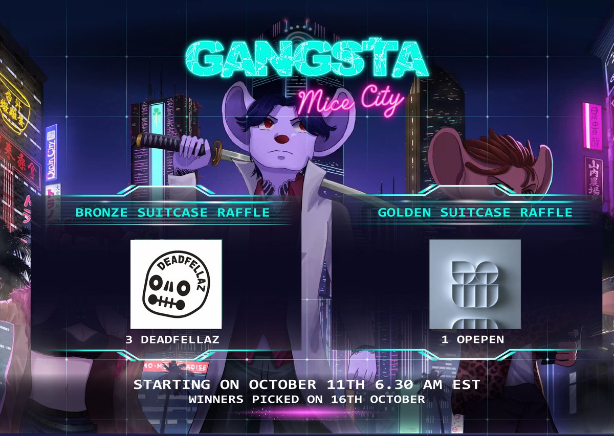 GMC_NFT's tweet photo. Get ready to flex your $MICE hustle! 

The LAST SUITCASE Raffle is droppin' like it's hot on Oct 11th, 6 AM EST! We got that BRONZE &amp; GOLDEN @Deadfellaz &amp; @jackbutcher

You gotta pay to play, MICE style! Nothin' but $MICE to cop these swag bags

Winners will be picked on Oct 16th https://t.co/nZGe6pxhrM