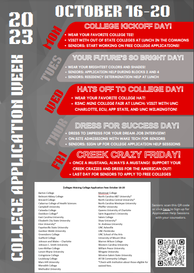 Seniors, Oct 16-20 is CFNC College Application Week and you can apply to over 40 NC colleges for free!  Find out more information and sign up for application help sessions at: drive.google.com/file/d/1SJElUT…