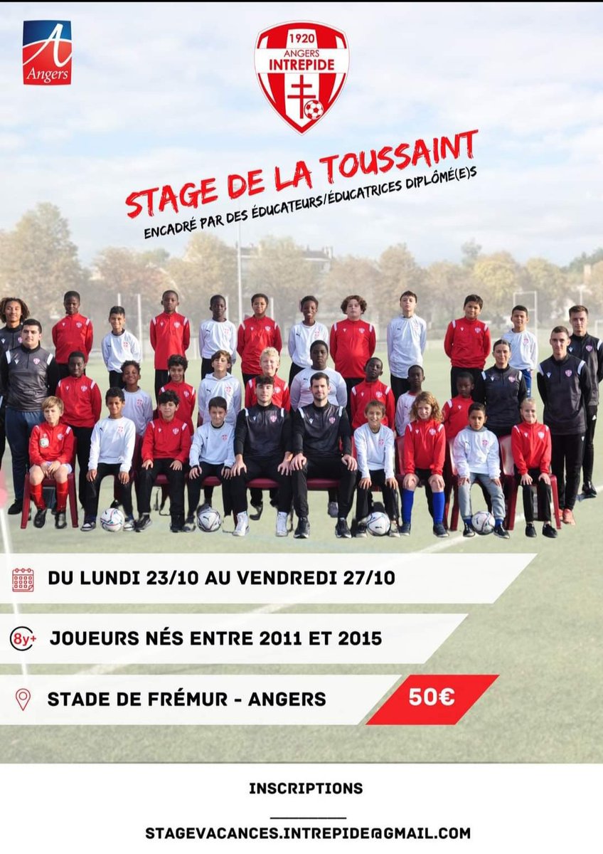 IntrpideAngersF's tweet photo. 𝐈𝐧𝐬𝐜𝐫𝐢𝐩𝐭𝐢𝐨𝐧𝐬 𝐬𝐭𝐚𝐠𝐞𝐬 𝐝𝐞 𝐥𝐚 Toussaint ! 
Au programme : du foot, mais pas que ! Vos éducateurs vous réservent de nouvelles activités hors de Frémur.. 🤫  
🗳️ Retrouvez le bulletin d’inscription ici  ou auprès de l’éducateur de votre enfant.@Angers https://t.co/TMrTLI44f6