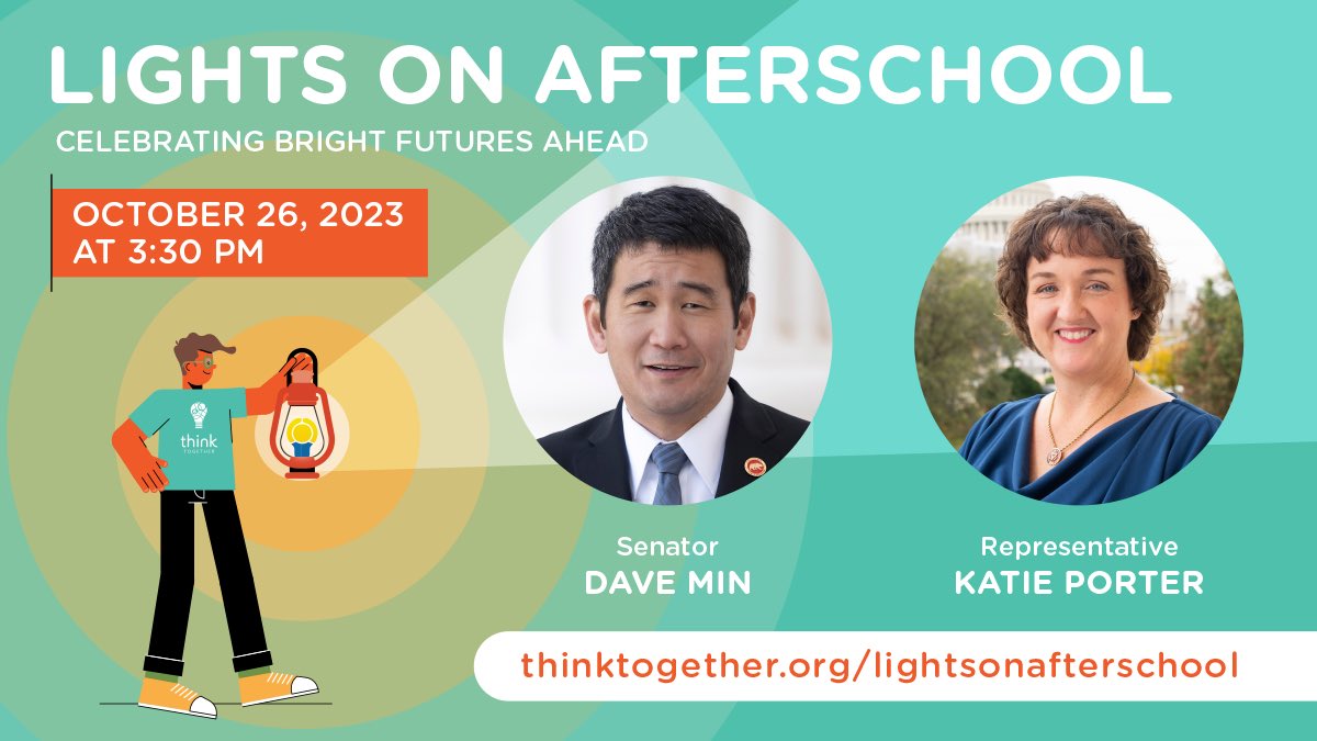 U.S. <a href="/SenDaveMin/">Senator Dave Min</a> and @RepKatiePorter, both know the huge impact afterschool programs have on our youth and the #BrightFutures they create. 🌟 Join Think Together for our #LightsOnAfterschool celebration on Oct. 26 to see how we change the odds for kids!