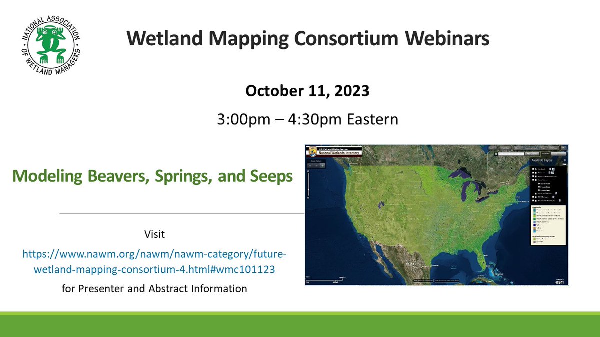 NAWMCommunicate's tweet image. Are you registered for the Wetland Mapping Consortium (#WMC) webinar:
Modeling Beavers, Springs, and Seeps
 - Oct. 11, 2023 - 3:00 p.m.-4:30 p.m. ET

Presenters:
Sarah Marshall, Colorado Natural Heritage Program
Mike Knudson, GeoSpatial Services, @smumn 

nawm.org/nawm/nawm-cate…