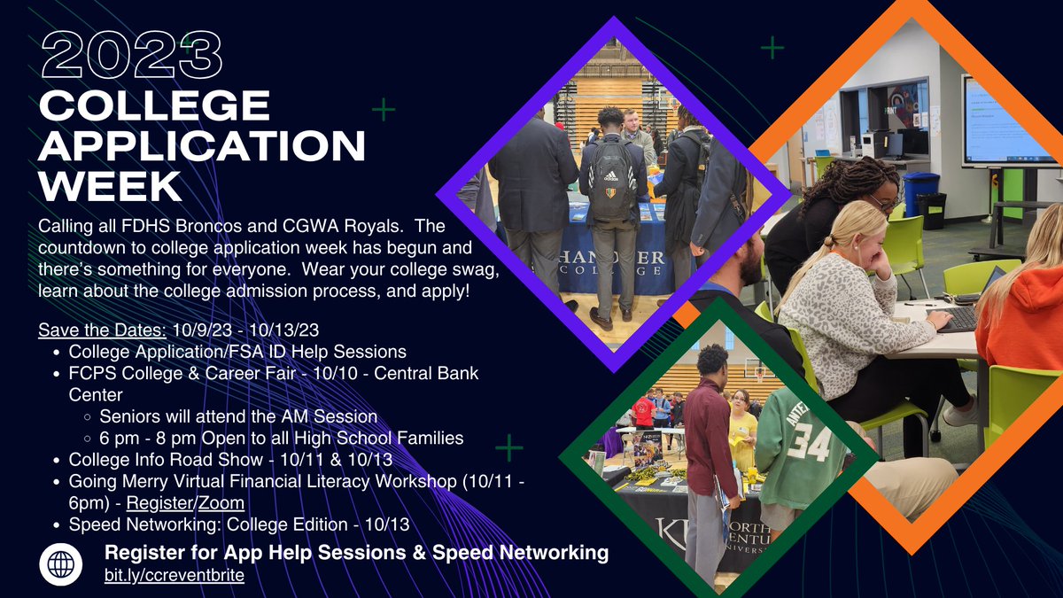 FDHSCCRCoach's tweet photo. Remember to register for help sessions and Speed Networking: College Edition (10th - 12th) at https://t.co/spefQrQX7L.  The FCPS College and Career Fair is at 6pm and the Going Merry Financial Literacy Workshop (https://t.co/K8wS7imvAx) is at 6 pm on 10/11. https://t.co/Wg3ZS9Jwue