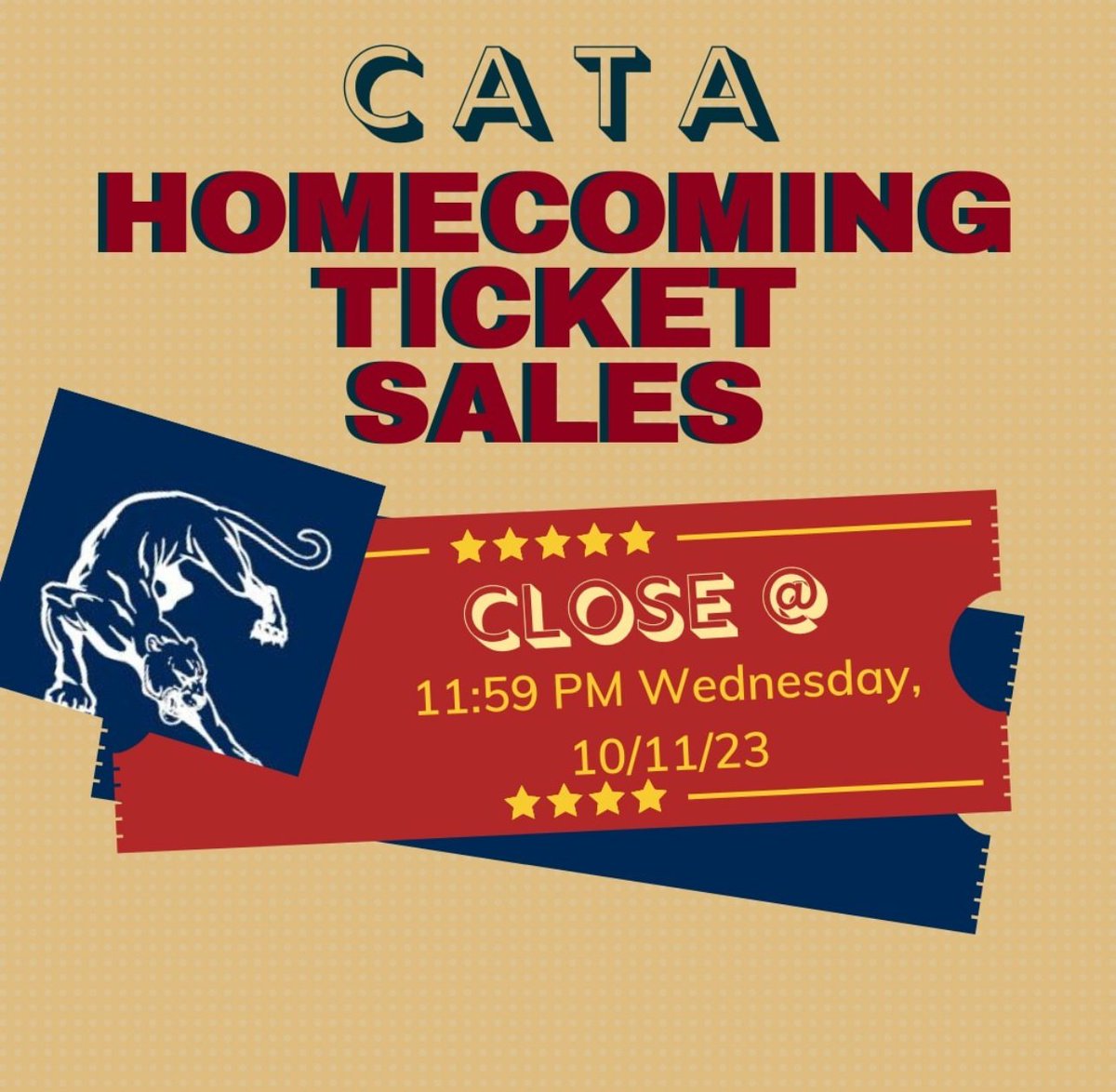 Ticket sales for Sat night's homecoming dance will end on Wed., 10/11 at 11:59 p.m. Tickets will not be sold the day of the dance. Purchase your tickets online. Guest forms for non-CATA student guests are due back in the office Wed. at 3:45 p.m. @AGHoulihan @UCPSNC @KevinBeals2