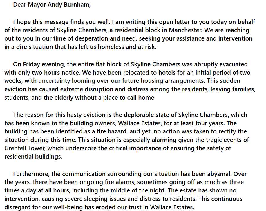HelpSkyline's tweet photo. An open letter to @AndyBurnhamGM from the residents of Skyline Chambers. https://t.co/bXDduGDMhr