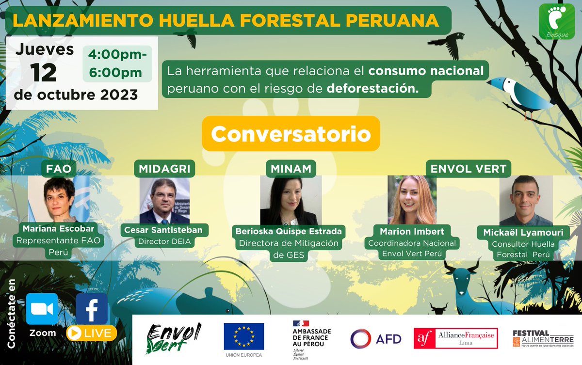 AFD_es's tweet photo. La AFD en #Perú los invita a participar en el lanzamiento de los resultados de Huella #Forestal, herramienta desarrollada por @EnvolVertLatino para medir el impacto de consumo y estilo de vida sobre la #degradación de los #boques en el mundo.

Inscríbete: https://t.co/THZ945mCvA https://t.co/RGLCYWaZSm