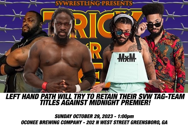Sun. Oct 29 1PM 
@oconeebrewingco 

Left Hand Path (<a href="/treveraeon/">Trever Æon</a> and <a href="/Theghostlhp/">Eric Silva</a>)  vs Midnight Premier (<a href="/Natemansions/">Nate Mansions</a> and <a href="/MARCUSxMENOS/">Marcus Menos</a>)  

Can Midnight Premier shock the world? Or will Left Hand Path stand tall?

Advance tix with no fees available at: oconeebrewingco.com/calendar/wrest…