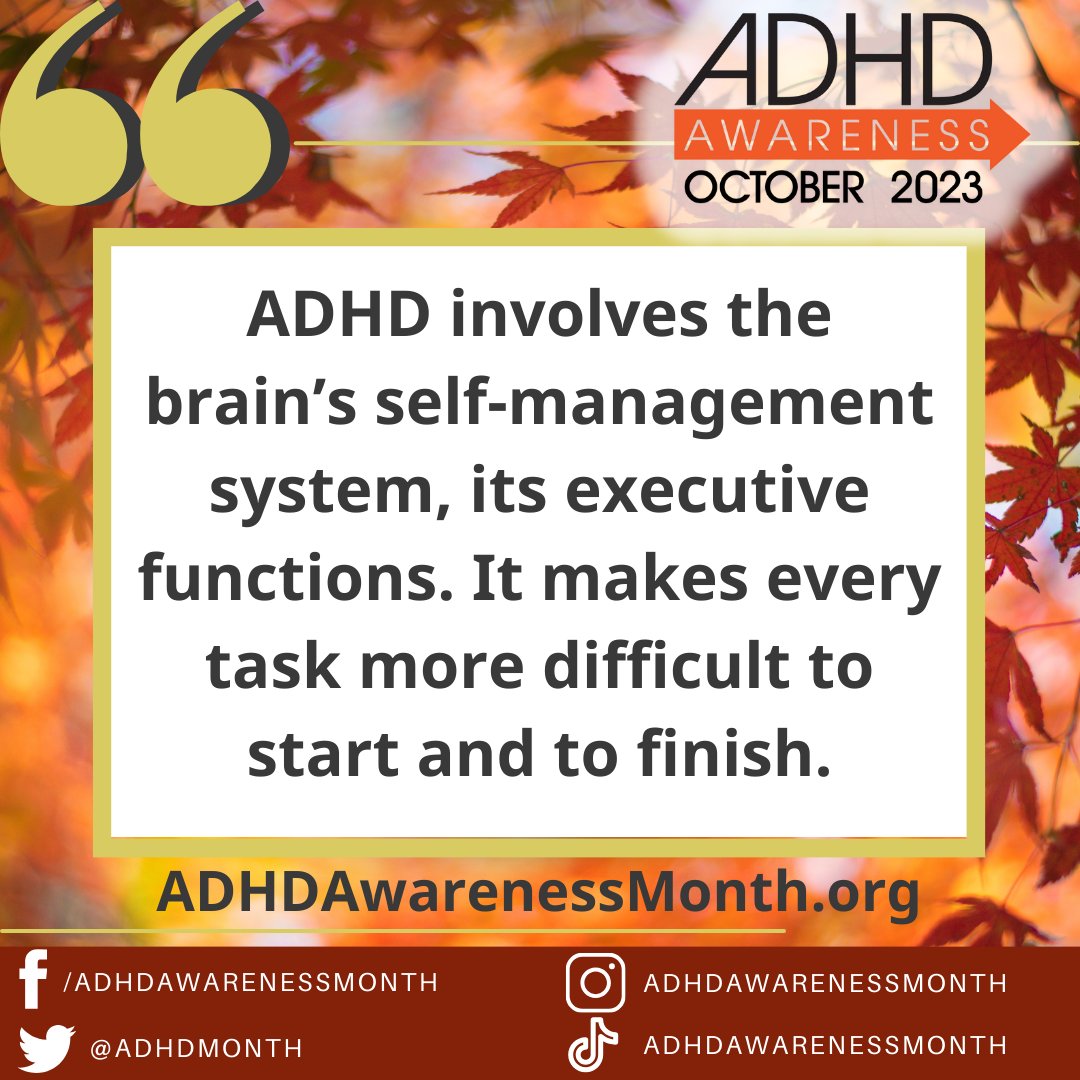 ADHD involves the brain’s self-management system, its “executive functions.”

adhdawarenessmonth.org/adhd-and-execu…

#ADHD #ADD #executivefunctioning #executivefunctioningskills #MythBustingMonday #ADHDAwarenessMonth #ADHDAwarenessMonth #adhd2023