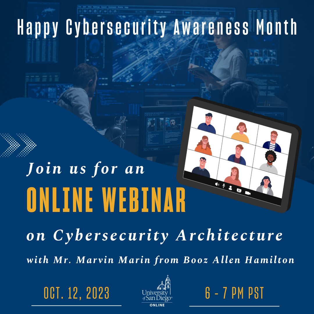 USD_CYBER's tweet image. Interested in learning more about Cybersecurity Architecture? Tune in for a webinar with Mr. Marvin Marin from Booz Allen Hamilton on Thursday, October 12, from 6 - 7 p.m. PST. #Cybersec #CybersecurityArchitecture

Zoom link: sandiego.zoom.us/j/96748147507
Meeting ID: 967 4814 7507