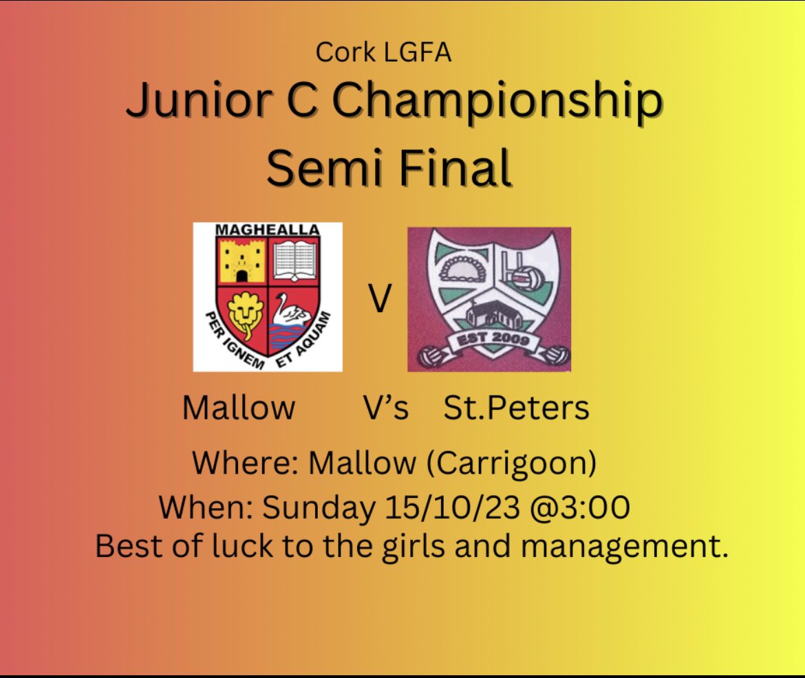 County Semi-Final ❤️💛 best of luck to girls &amp; coaches ❤️💛