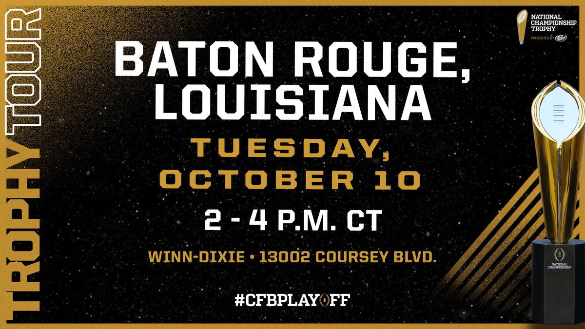 Callin' Baton Rouge! The #NationalChampionship Trophy is in your city today, so visit us and take your photos with the hardware. 🏆 #CFBPlayoff Trophy Tour 📅 Tuesday, October 10 🕰 2 - 4 p.m. CT 📍 Winn-Dixie • 13002 Coursey Blvd. • Baton Rouge, Louisiana