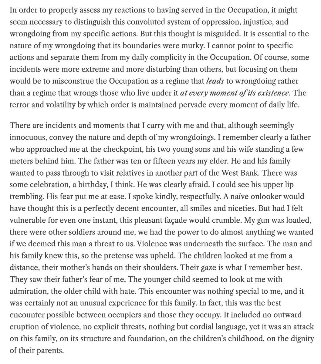 zunguzungu's tweet photo. On remorse, from a former IDF soldier, who asks "How can morality enable us to live with the horror we inspire in ourselves?"

from @TheRavenMag1. 

https://t.co/INSmxi31YW https://t.co/nRxfwnyorr