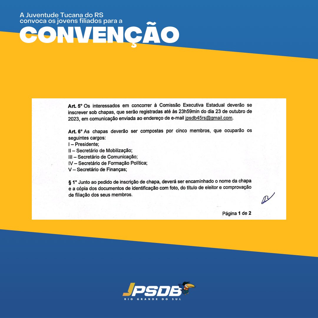 jpsdb45rs's tweet photo. Alô Juventude Tucanaaaa🔊⚠️
Bora participar da nossa Convenção Estadual, que vai rolar no próximo dia 29, a partir das 8h30, na Câmara Municipal de Vereadores de Porto Alegre, conforme o nosso Edital. Bora somar forças e construir o futuro do nosso PSDB!!! @PSDBoficial @psdb45rs https://t.co/wJ2gEy47lo