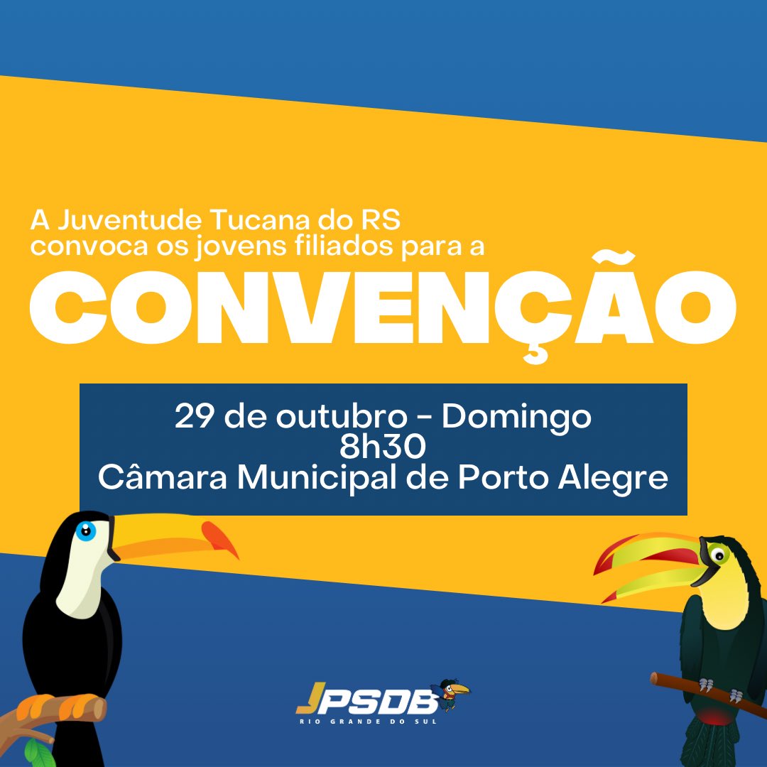 jpsdb45rs's tweet photo. Alô Juventude Tucanaaaa🔊⚠️
Bora participar da nossa Convenção Estadual, que vai rolar no próximo dia 29, a partir das 8h30, na Câmara Municipal de Vereadores de Porto Alegre, conforme o nosso Edital. Bora somar forças e construir o futuro do nosso PSDB!!! @PSDBoficial @psdb45rs https://t.co/wJ2gEy47lo
