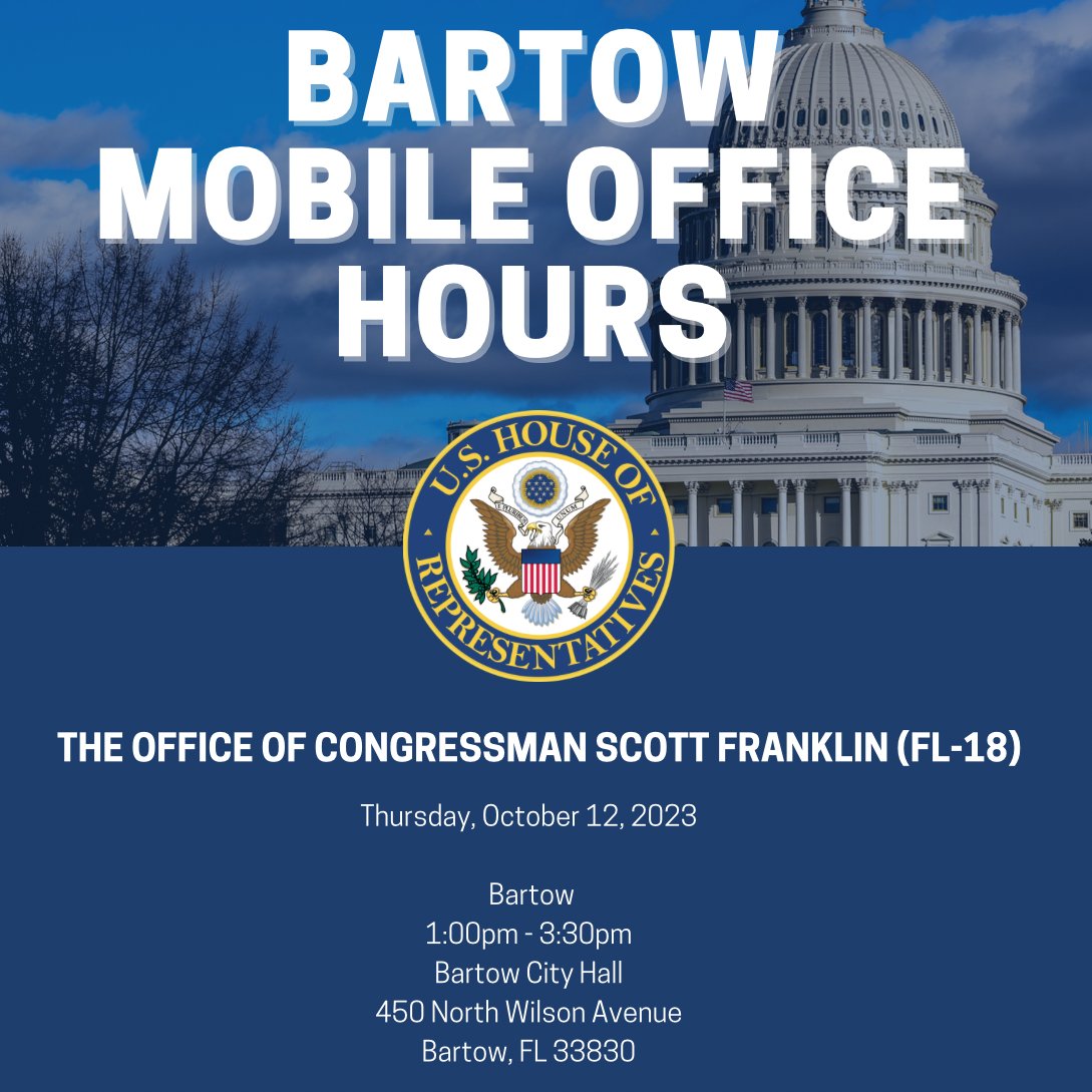 RepFranklin's tweet photo. Calling all Bartow #FL18 constituents! My team will be hosting Mobile Office Hours at the Bartow City Hall on Thursday, October 12th, 2023.
Register for an appointment here👇: https://t.co/nRvzhag8CW. https://t.co/mNCl3pVgmM