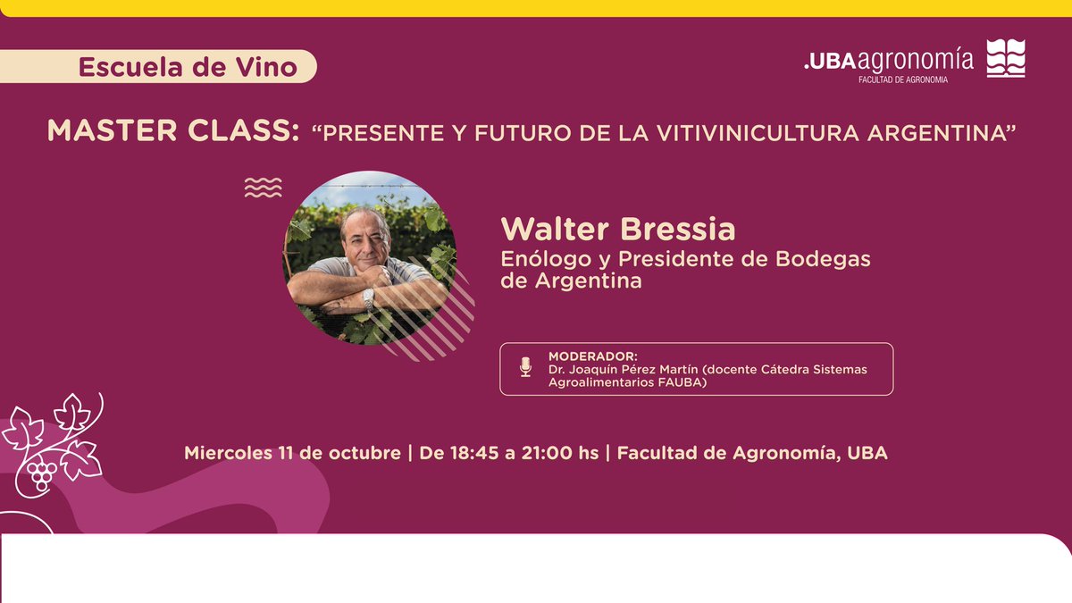 🍇🍷 Explorá el Vino Argentino 🍇🍷

Sumate a esta fascinante charla con el enólogo, Walter abres sus, propietario de Bressia Wines y Presidente de Bodegas de Argentina. 

🎙 Descubrí el presente y futuro de la vitivinicultura argentina.

🔗 Inscribite en formulariosgcba.gob.ar/mlRPLZxKJxxG7g…