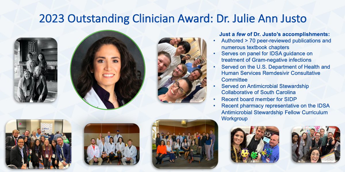 Congratulations <a href="/julie_justo/">Julie Ann Justo</a> on being awarded the 2023 <a href="/SIDPharm/">SIDP</a> Outstanding Clinician Award! #SIDP2023 #IDWeek2023