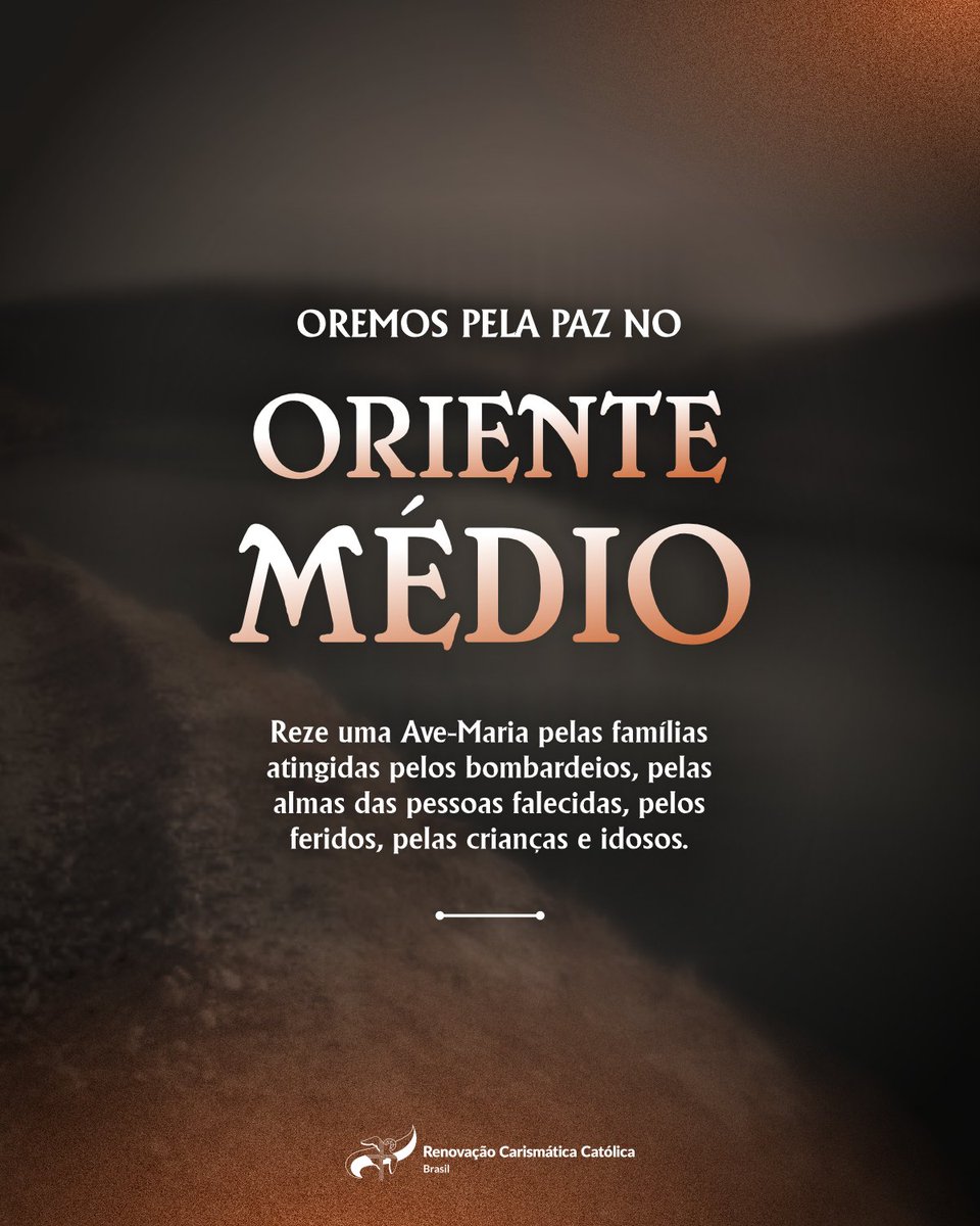 Família Carismática, vamos nos unir em oração para que a paz de Deus reine no Oriente Médio e em toda a Terra.

"Por isso, esforcemo-nos em promover tudo quanto conduz à paz" (Rm 14,19a).

Que Deus se compadeça de todo o povo vítima das guerras!