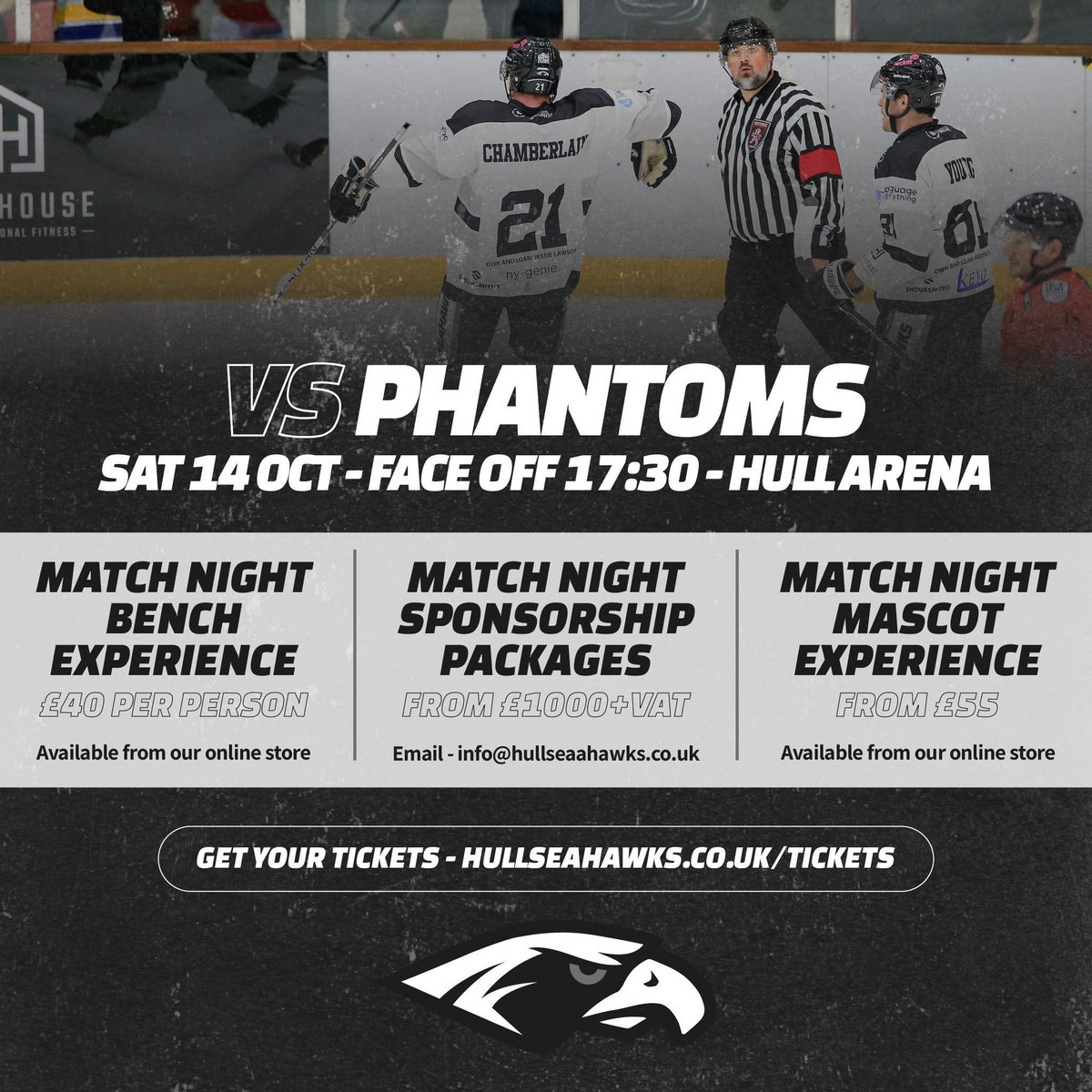 𝗣𝗔𝗖𝗞𝗔𝗚𝗘𝗦 𝗔𝗩𝗔𝗜𝗟𝗔𝗕𝗟𝗘 𝗧𝗛𝗜𝗦 𝗪𝗘𝗘𝗞𝗘𝗡𝗗 🦅

Get involved with one of our match night packages for Saturday vs Peterborough Phantoms! 

🆚 Peterborough Phantoms 👻
📍 Hull Ice Arena
⏰ 5:30pm face-off
🎟️ buff.ly/3ZiC4eG or buy on arrival!