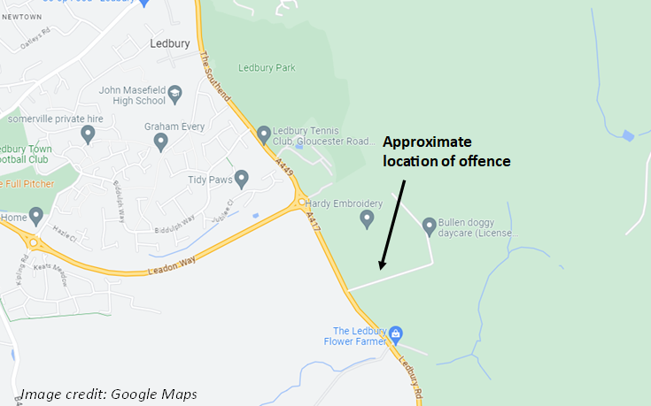 APPEAL |  Did you see a man indecently exposing himself in Ledbury on Saturday? At around 6.10pm a man began masturbating when a woman walked past him on a bridleway near the Bullins.  The approximate location is shown on the pictured map.  

Read more- orlo.uk/7LDSp
