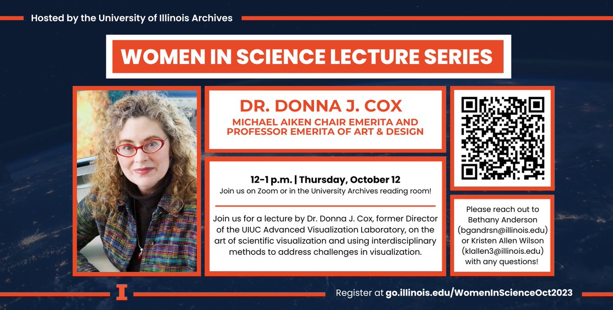 The first #WomenInScience lecture of the Fall 2023 semester is this Thursday, Oct 12, 12-1 pm CT. We are excited to have Dr. Donna J. Cox of <a href="/NCSAatIllinois/">NCSAatIllinois</a> talk about her work on scientific visualizations! Register here and join by Zoom or in person go.illinois.edu/WomenInScience…