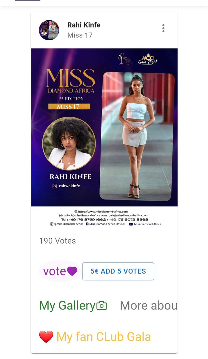 👸 <a href="/rahwa_kinfe/">rahwa</a> embodies the spirit of Tigray! Let's rally together &amp; vote for her in the Miss Diamond Africa competition. She deserves our support! #TigrayStrong 

Cast your vote today, &amp; let's celebrate her talent and beauty. 

🕰 Miss #17 Rahi Kinfe 👇🏽
 missdiamond-africa.com/vote