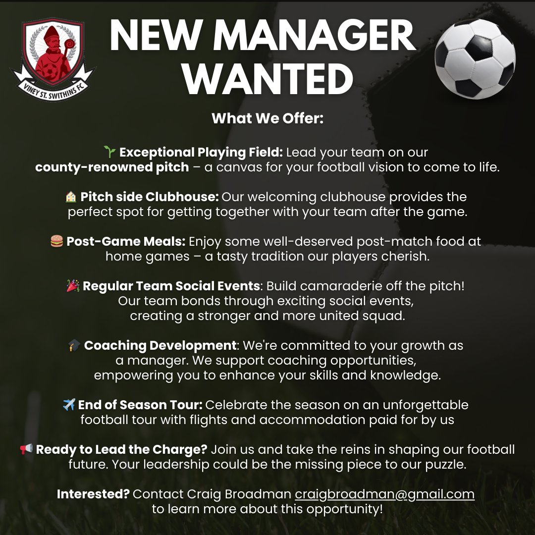 VSSFC's tweet photo. 𝐅𝐢𝐫𝐬𝐭 𝐓𝐞𝐚𝐦 𝐌𝐚𝐧𝐚𝐠𝐞𝐫 𝐑𝐨𝐥𝐞: ⚽ Be a pivotal force in our journey and build upon Wozza's interim stint! 𝗘𝘅𝗽𝗿𝗲𝘀𝘀𝗶𝗼𝗻𝘀 𝗼𝗳 𝗶𝗻𝘁𝗲𝗿𝗲𝘀𝘁 𝘄𝗲𝗹𝗰𝗼𝗺𝗲 📣 or contact @craigbroadman📩directly for a 𝗰𝗼𝗻𝗳𝗶𝗱𝗲𝗻𝘁𝗶𝗮𝗹 𝗱𝗶𝘀𝗰𝘂𝘀𝘀𝗶𝗼𝗻 https://t.co/82FjXsfybK