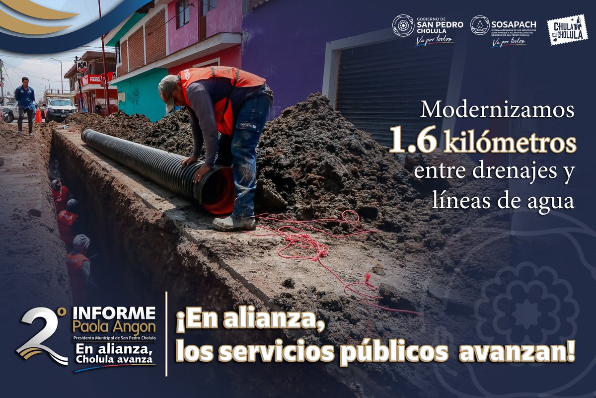 Paola_Angon's tweet photo. ¡Con infraestructura adecuada para el ✅buen funcionamiento de los servicios públicos, en alianza, #Cholula avanza!

Modernizamos 1.6 kilometros, entre drenajes y líneas de agua💧, que nos permiten brindar mejores servicios, como merecen las familias cholultecas. https://t.co/IppoXltaGX