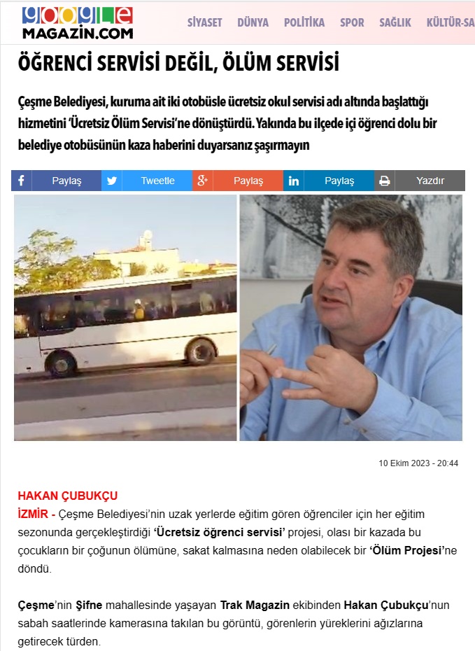 Çeşme’de belediyenin öğrencilere yönelik verdiği hizmet;
ÜCRETSİZ ÖĞRENCİ SERVİSİNDEN ÇOK
ÜCRETSİZ ÖLÜM SERVİSİNE BENZEDİ
googlemagazin.com/ogrenci-servis…