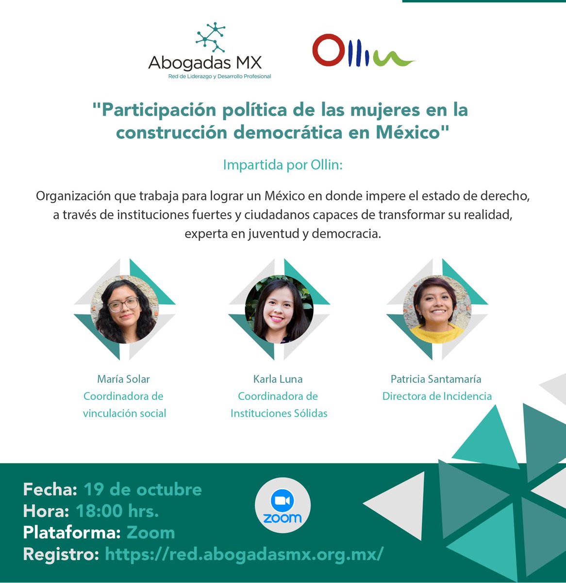 AbogadasMx's tweet photo. No te pierdas el taller “Participación Política de las Mujeres en México”, donde platicaremos acerca de cómo promover la participación política de las mujeres para construir una democracia equitativa y sólida en México. @ollinorg 
Registro: https://t.co/iuZKXg0M5V https://t.co/pHrKjiISnz