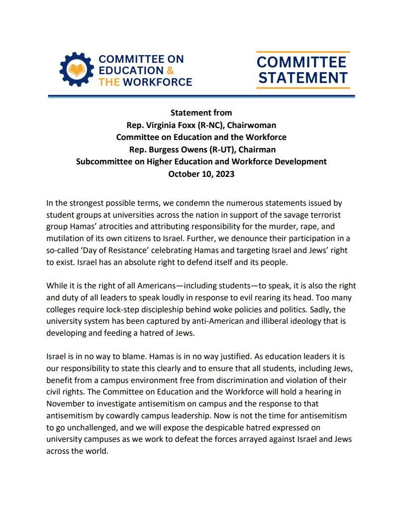 .<a href="/virginiafoxx/">Virginia Foxx</a>, <a href="/RepBurgessOwens/">Rep. Burgess Owens</a> condemn student groups for pushing so-called "Day of Resistance" and blaming Israel for Hamas' massacre.

Read:
edworkforce.house.gov/news/documents…