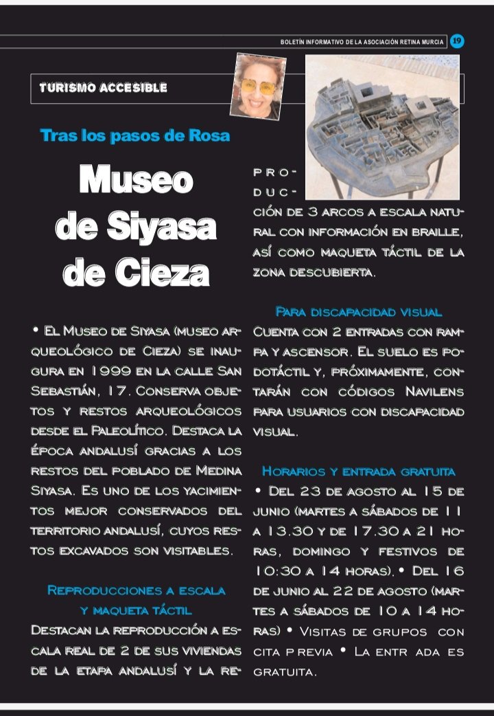 DeSiyasa's tweet photo. El nuevo número de la revista #RetinaNews habla de la adaptación del Museo de Siyâsa con dificultades de visión y movilidad, gracias a la colaboración de Rosa Guardiola Gómez.
Pronto este número de la revista también se encontrara en audiolibro.
https://t.co/igI4Ce6BtZ https://t.co/z5LvGIbTsx