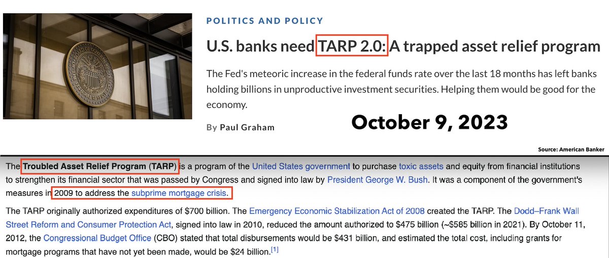 Veteran banker calling for 'TARP 2.0' in Op-Ed to help banks with steep unrealized losses on their securities holdings Proposal would lend up to $1 Trillion against securities that have lost value to Fed's 'meteoric increase' in interest rates 1/5