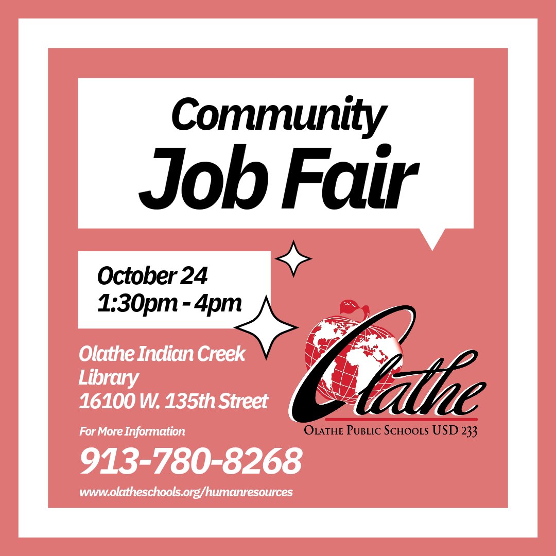 olatheschools's tweet photo. REMINDER: Olathe Public Schools will participate in a community job fair from 1:30-4 p.m. Tuesday, Oct. 24 at the Indian Creek branch of the Olathe Public Library, 16100 W. 135th Street. https://t.co/6hSGociRqk @OlatheSchoolsHR 
#OPSForwardTogether https://t.co/HvGyApjwCp