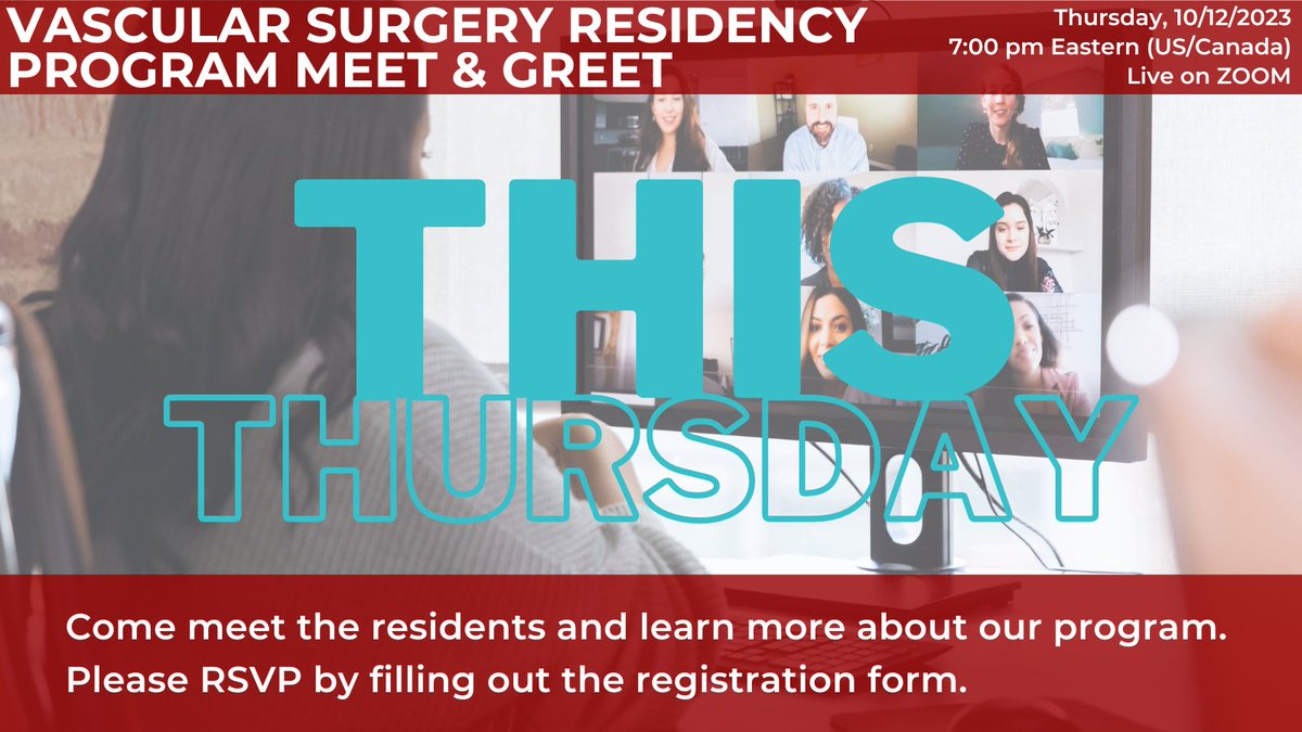 Stony Brook Department of Surgery (@sbmsurgery) on Twitter photo Our Vascular Surgery Resident Virtual Meet & Greet for candidates is this Thursday, Oct. 12, 2023, at 7:00 pm. Click the link to register for this live ZOOM event and receive the log-in details.
#VascularSurgery #MeetAndGreet <a href="/StonyBrookMed/">Stony Brook Medicine</a>
docs.google.com/forms/d/e/1FAI… Our Vascular Surgery Resident Virtual Meet & Greet for candidates is this Thursday, Oct. 12, 2023, at 7:00 pm. Click the link to register for this live ZOOM event and receive the log-in details.
#VascularSurgery #MeetAndGreet <a href="/StonyBrookMed/">Stony Brook Medicine</a>
docs.google.com/forms/d/e/1FAI…