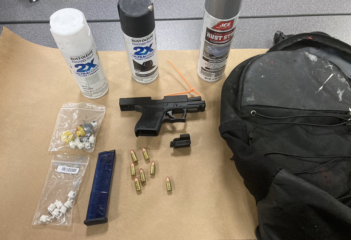 ppbnorth's tweet photo. Another ghost gun off the street.  North afternoon patrol officers located a subject spray painting a city owned fence.  The subject was carrying an illegally concealed ghost gun at the time of arrest &amp; booked on charges of Unlawful possession of a firearm and criminal mischief. https://t.co/nHBAurFrw2