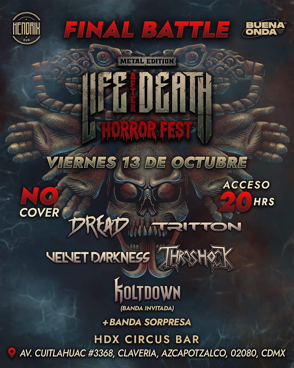Rockers, los esperamos este viernes 13 en <a href="/hdxcircusbar/">hdxcircusbar</a> 💥 para la Gran Final de la Metal Battle en busca de un lugar en el @ladhorrorfest 🔥

@dreadbandmx <a href="/vd_band/">Velvet Darkness</a> @thrashock @trittonrocks 
en el escenario. 
#metalheads #metalmexicano #metalbattle #trittonmetalband